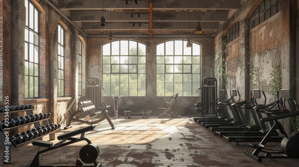 Old gym interior with equipment