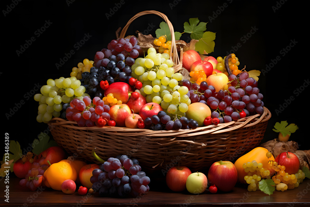 abundant array of fresh, colorful fruits meticulously arranged in a rustic woven basket, The basket overflows with both green and red grapes, their plumpness inviting a taste of sweetness. 