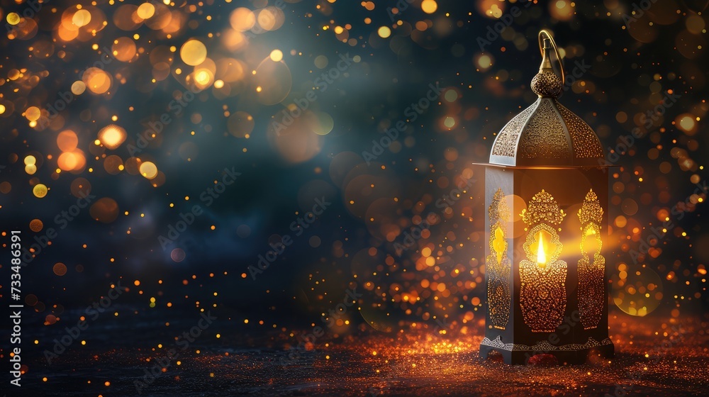 Ornamental Arabic lantern with burning candle glowing at night and glittering golden bokeh lights. Festive greeting card, invitation for Muslim holy month Ramadan Kareem. Dark background. - obrazy, fototapety, plakaty 