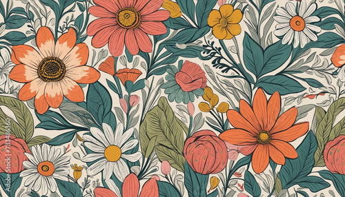 Colorful vintage flower art seamless pattern illustration. Organic hand drawn floral garden background with psychedelic style nature collage. Trendy spring print of abstract retro flowers.