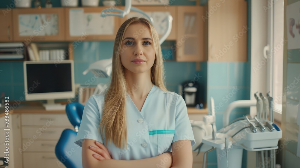 Fototapeta premium Portrait of female dentist .She standing in her dentist office.
