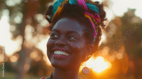 Portrait of beautiful african american woman smiling and looking away at park during sunset. Outdoor portrait of a smiling black girl. Happy cheerful girl laughing at park with colored hair band.