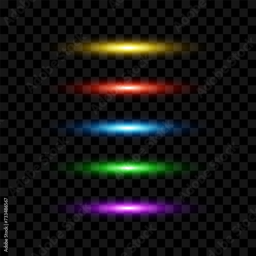 Neon glow effect, light spots multicolor set, vector illustration.