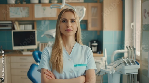 Portrait of female dentist .She standing in her dentist office.