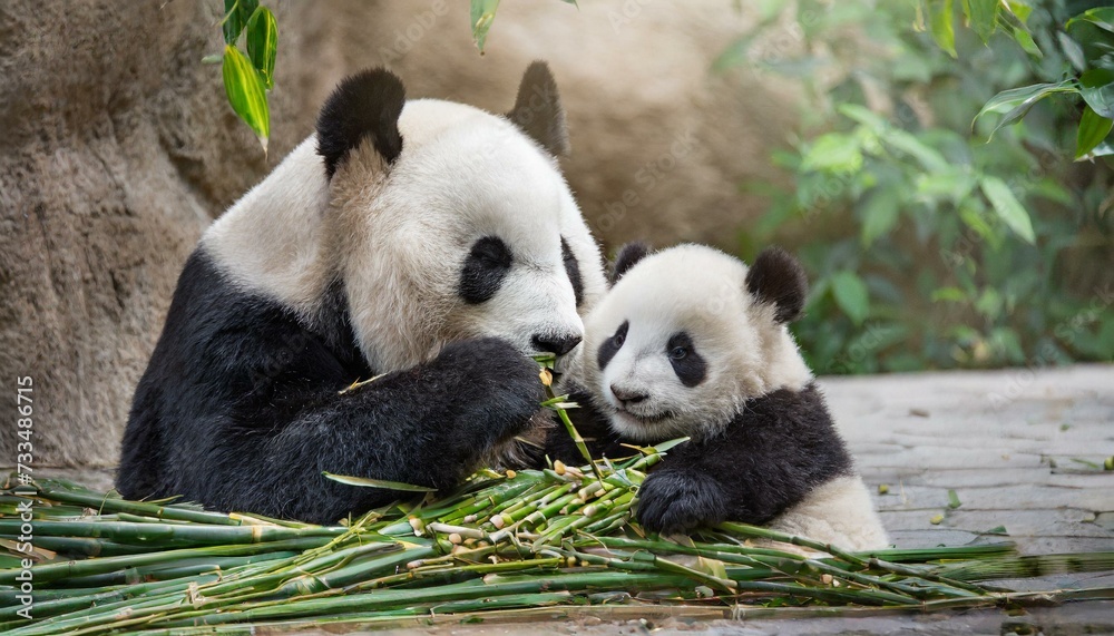 Fototapeta premium Panda bear with her baby bear eating bamboo shoots