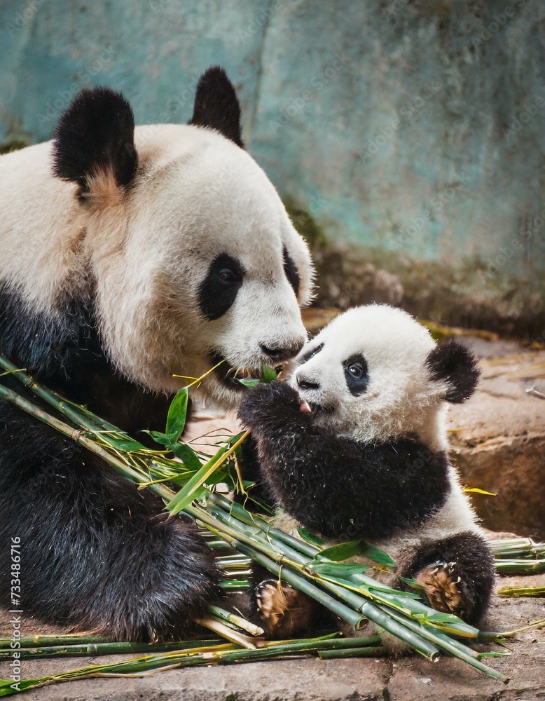 Fototapeta premium Panda bear with her baby bear eating bamboo shoots