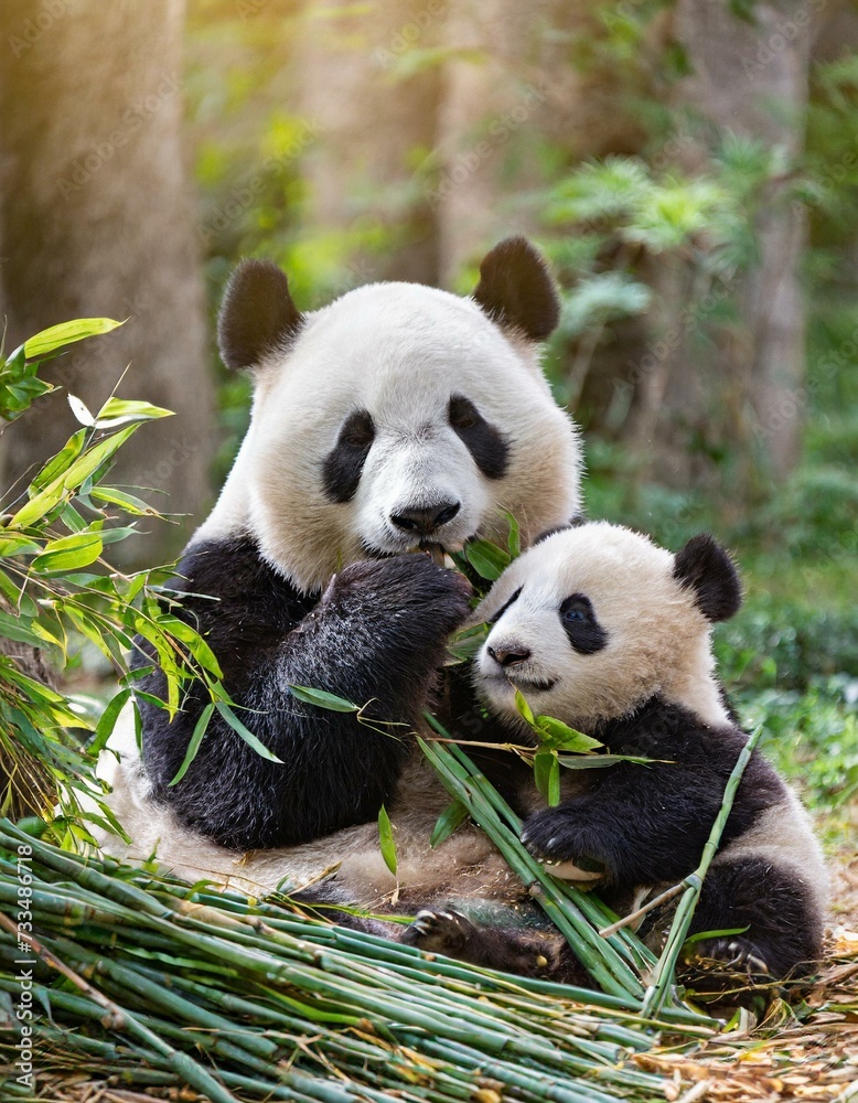 Panda bear with her baby bear eating bamboo shoots