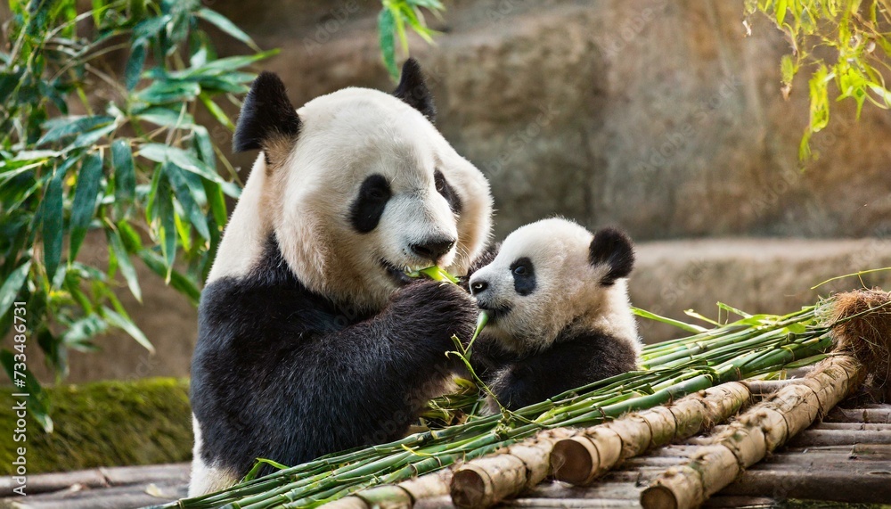 Obraz premium Panda bear with her baby bear eating bamboo shoots