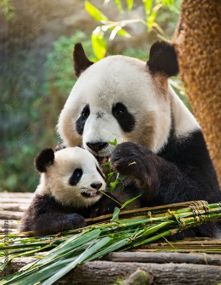 Fototapeta premium Panda bear with her baby bear eating bamboo shoots