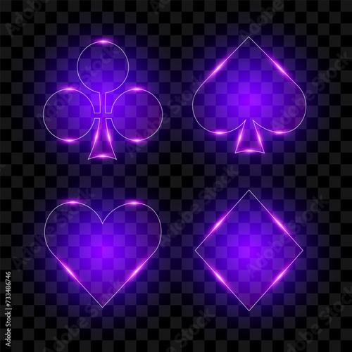 Playing cards symbols, purple neon shape, vector illustration. photo