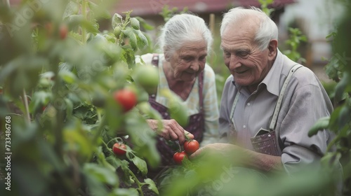 Senior adult couple picking vegetable from backyard garden