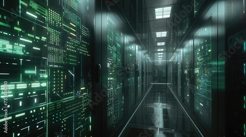 Shot of Corridor in Working Data Center Full of Rack Servers and Supercomputers with High Speed Inernet Visualization Projection.