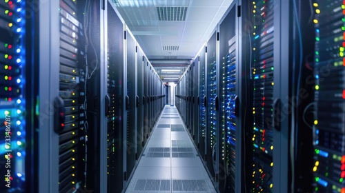 Shot of Corridor in Working Data Center Full of Rack Servers and Supercomputers with High Speed Inernet Visualization Projection.