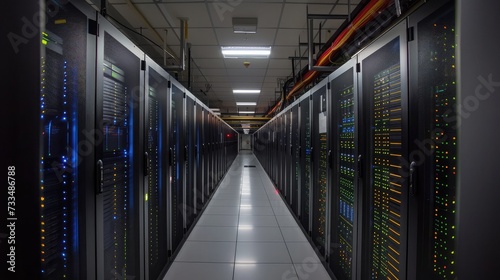 Shot of Corridor in Working Data Center Full of Rack Servers and Supercomputers with High Internet Visualisation Projection.