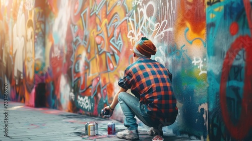 Street artist painting colorful graffiti on wall. Modern urban art concept © buraratn