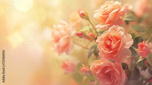 Summer blossoming delicate roses on blooming flowers festive background, pastel and soft bouquet floral card