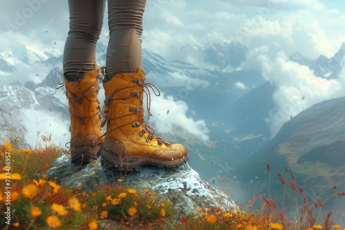A lone figure stands atop a rugged mountain, their boots firmly planted on a rocky outcrop as they gaze at the clouds above, surrounded by the beauty of nature's flora