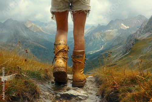A lone hiker braves the misty mountaintop, standing in a sea of rainwater with their sturdy boots and feet surrounded by lush grass and plants