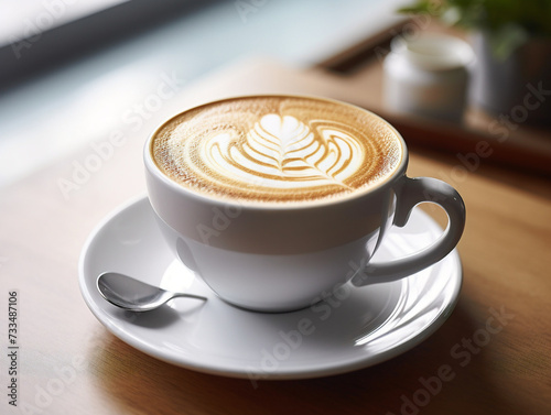 A beautifully crafted cappuccino with intricate latte art served in a white ceramic cup.