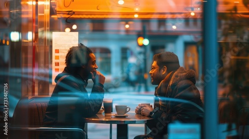 Two multi ethnic friends enjoying coffee together in a coffee shop viewed through glass with reflections as they sit at a table chatting and laughing