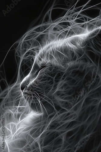 A serene feline, enveloped in a monochromatic stillness, peacefully shuts its eyes, lost in a world of tranquility