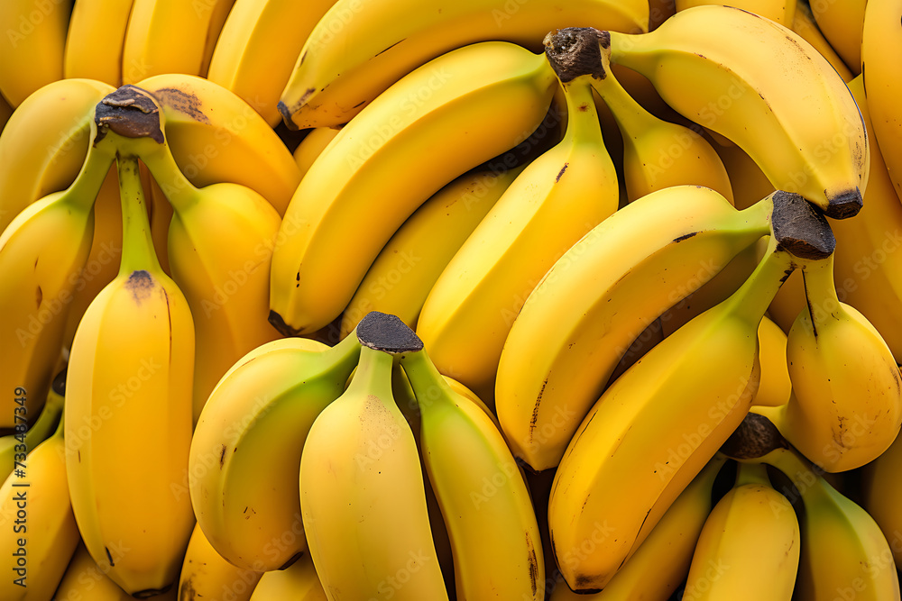 collection of fresh, ripe bananas grouped together. The bananas are bright yellow, indicating their ripeness.