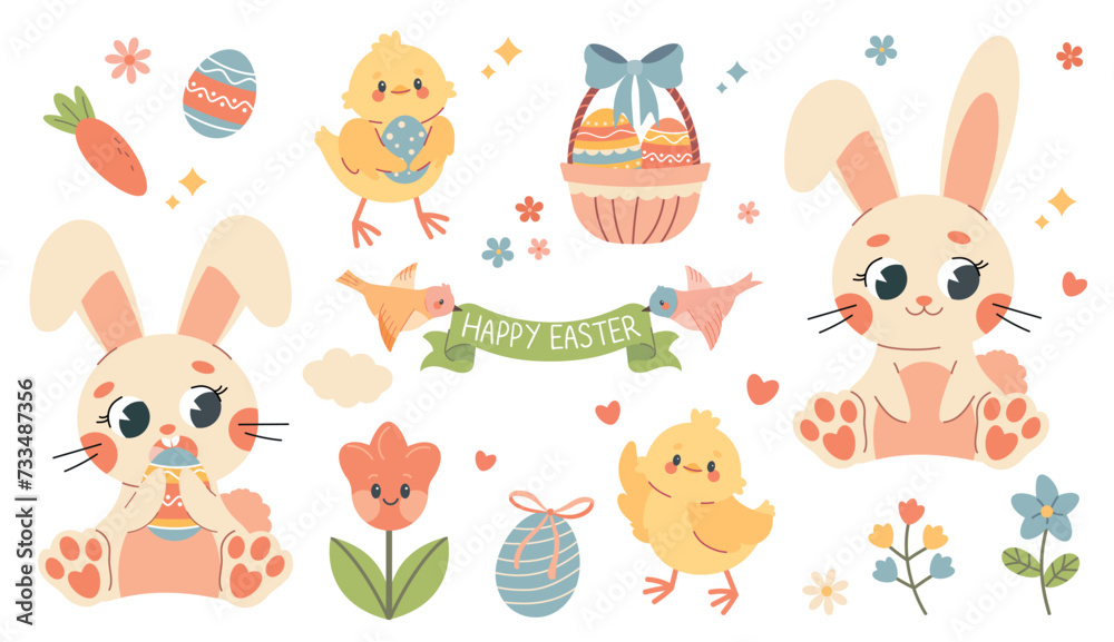 Set of easter elements. Cute Easter set. Spring collection of animals, flowers and decorations. For poster, card, scrapbooking , stickers. Collection of doodle animal and adorable design for kids Set of easter elements. Cute Easter set. Spring collection of animals, flowers and decorations. For poster, card, scrapbooking , stickers. Collection of doodle animal and adorable design for kids
