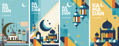 Ramadan Kareem, featuring geometric representations of mosques, crescent moons, stars, lanterns, and traditional Islamic architecture in a modern, abstract design with a vibrant color palette.