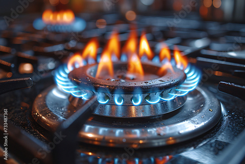 Blue and orange flames dance atop a gas stove’s burners, illuminating the dark metallic surface photo