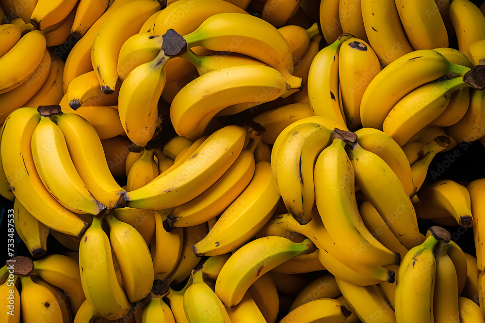 collection of fresh, ripe bananas grouped together. The bananas are bright yellow, indicating their ripeness.