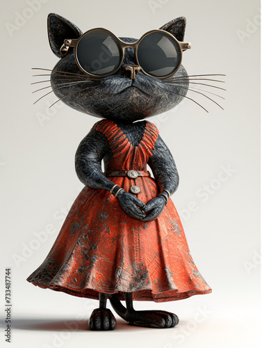 A stylish cat in sunglasses, a dress, and necklace poses confidently photo