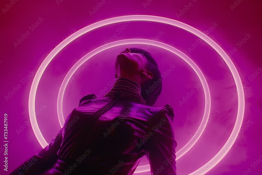 A vibrant and confident woman clad in a stylish leather jacket effortlessly captivates with her graceful dance moves against a mesmerizing pink backdrop, emanating a sense of boldness and sophisticat A vibrant and confident woman clad in a stylish leather jacket effortlessly captivates with her graceful dance moves against a mesmerizing pink backdrop, emanating a sense of boldness and sophisticat