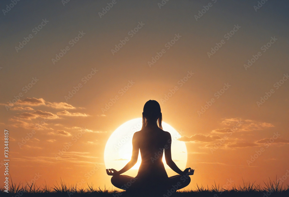 Illustration of meditation on the background of the sky and the sun. Woman meditating in front of big bright sun