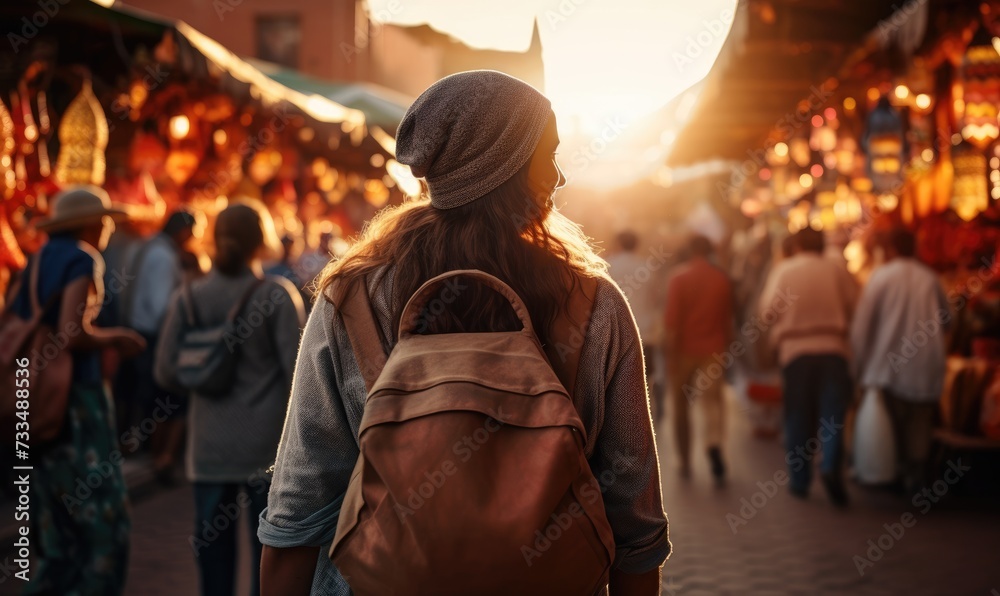 Medina Magic: Sunset Time in Marrakech, as a Happy Tourist Woman Explores the Bustling Streets of the Medina. Traditional Architecture, Warm Sunlight, and Market Lights Create a Vibrant Atmosphere Medina Magic: Sunset Time in Marrakech, as a Happy Tourist Woman Explores the Bustling Streets of the Medina. Traditional Architecture, Warm Sunlight, and Market Lights Create a Vibrant Atmosphere