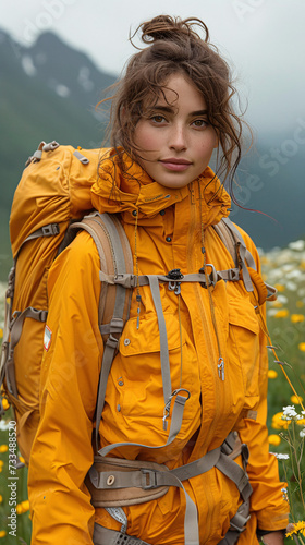 A hiker in yellow gear amidst a field of white and yellow flowers, mountains and cloudy skies in the background photo