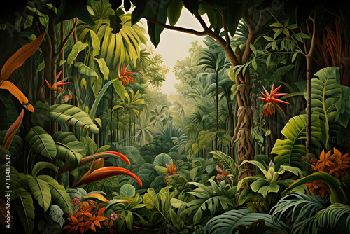 tropical jungle, teeming with various green plants and colorful flowers. Large leaves, possibly from banana trees, are prominent in the foreground. photo