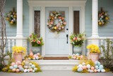 Front porch decorated for Easter with spring flowers and colored eggs, wreath on the door, pastel colors spring decorations