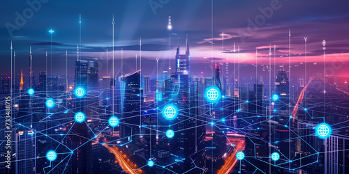 Modern city landscape showing dots and line representing high-speed internet, cloud data storage, computing, global market, global network - AI Generated