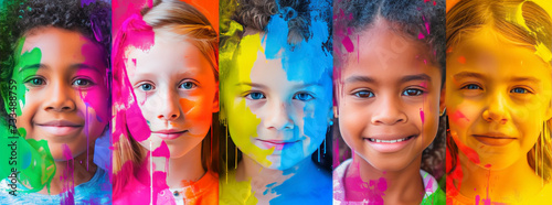 Colorful portraits of young children. Respect and celebrate the differences in all people. Creativity, art, sports.
