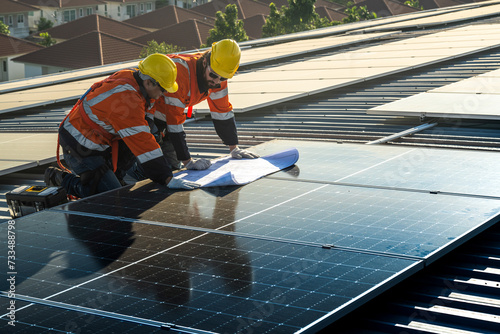 Wallpaper Mural Worker Technicians are working to construct solar panels system on roof. Installing solar photovoltaic panel system. Men technicians carrying photovoltaic solar modules on roof. Torontodigital.ca
