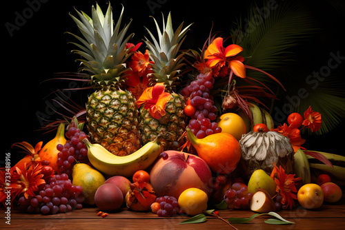  arrangement features an assortment of fresh fruits. Two ripe pineapples take center stage  surrounded by vibrant peaches and perfectly yellow bananas