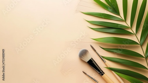 Cosmetic brushes, swatch, and palm leaves on beige