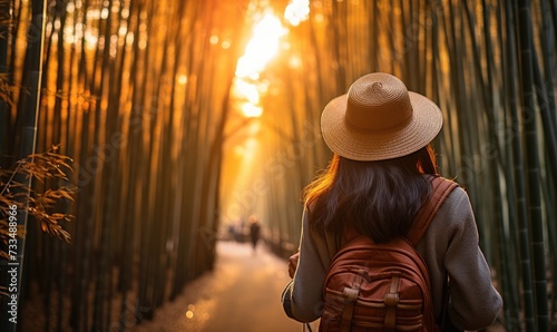 Tranquil Kyoto Evening: Happy 45-50-Year-Old Tourist Woman Walks Through the Enchanting Bamboo Forest during Sunset, Captivated by the Serene Beauty of Japanese Nature.