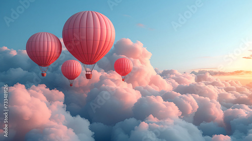 A red hot air balloon floats amidst fluffy clouds  illuminated by the golden sunset