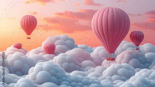 A red hot air balloon floats amidst fluffy clouds, illuminated by the golden sunset