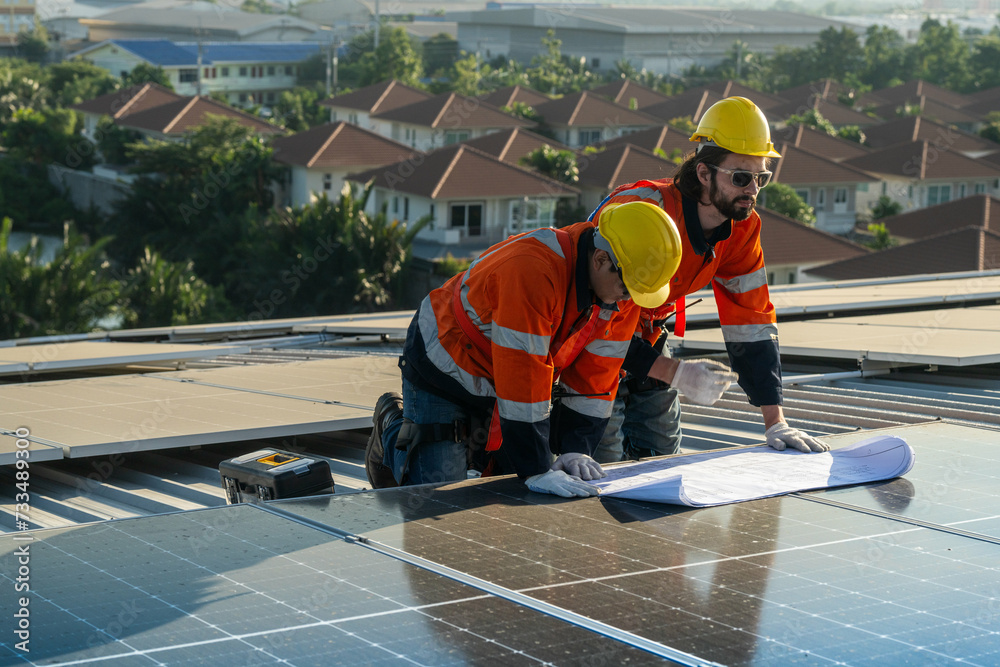 Worker Technicians are working to construct solar panels system on roof. Installing solar photovoltaic panel system. Alternative energy ecological concept. Renewable clean energy technology concept. Worker Technicians are working to construct solar panels system on roof. Installing solar photovoltaic panel system. Alternative energy ecological concept. Renewable clean energy technology concept.
