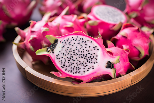 red dragon fruits. One of the dragon fruits has been sliced in half, revealing its contrasting white flesh speckled with small black seeds