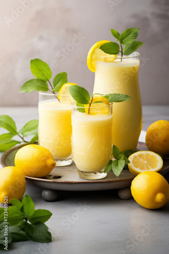 Refreshing lemon smoothie or slushie in tall glasses on marble background
