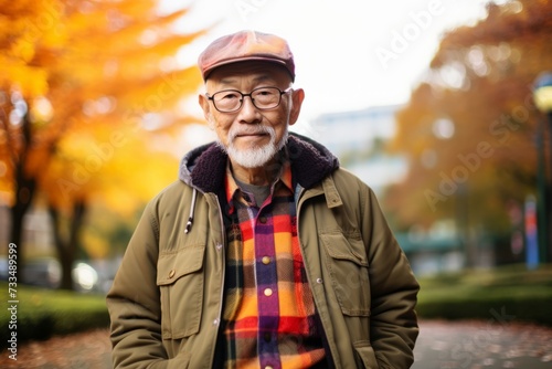 Portrait of a senior asian man wearing cap in autumn park