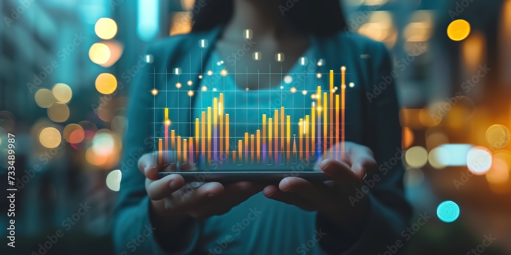 Analyzing financial triumphs, an investor confidently holds a growth chart of profits, revealing the outcomes of sound investment decisions. - obrazy, fototapety, plakaty 
